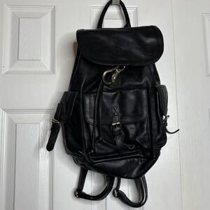 Vintage Style Black Faux Leather Backpack Gold Hardware Mini Travel Bag